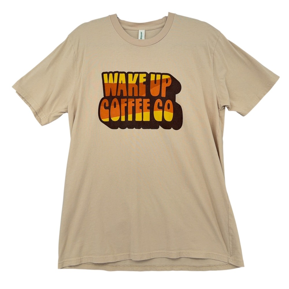 Royal Apparel‎ Organic Cotton Wake Up Coffee Co Graphic T-Shirt Tan Mens L USA